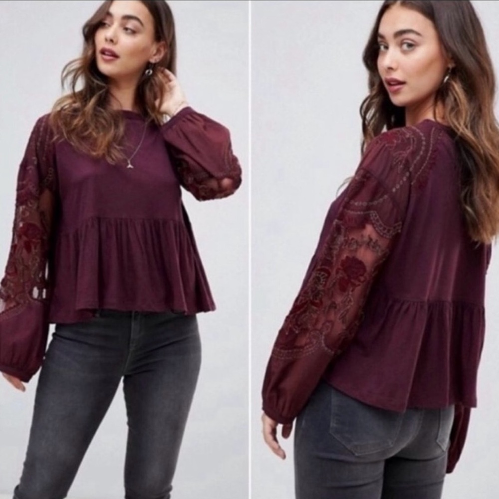 Free People Elegant Burgundy Lace Sleeve Top